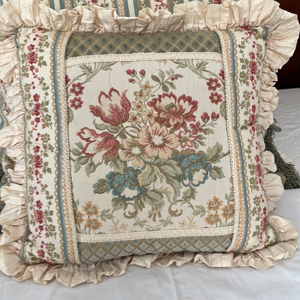 Horchow shabbychic patchwork pillow w/silk ruffle coordinating pillow available
